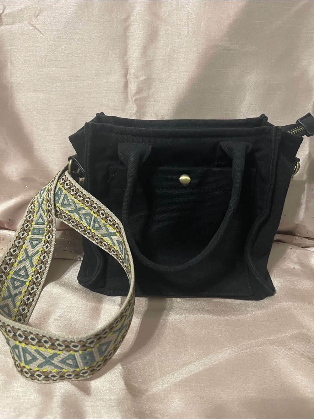 Urban Originals Black Crossbody Canvas Bag with Patterned Strap